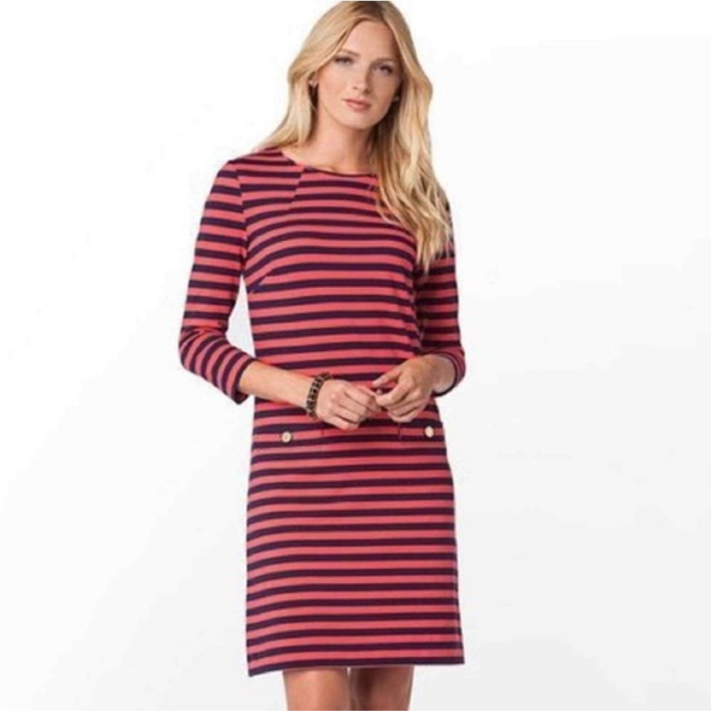 Lilly Pulitzer Charlene shift dress True Navy Boat Party Stripe gold buttons S